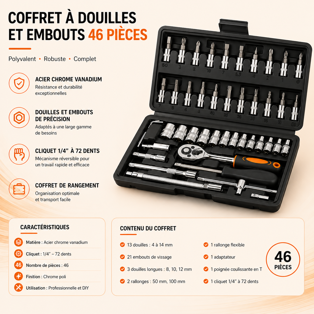 Coffret à Douilles et Embouts 46 Pièces – Acier Chrome Vanadium, Cliquet 1/4" 72 Dents