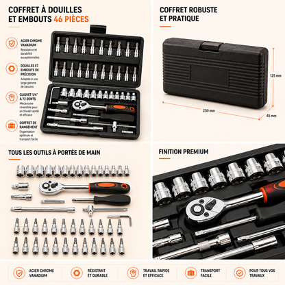 Coffret à Douilles et Embouts 46 Pièces – Acier Chrome Vanadium, Cliquet 1/4" 72 Dents