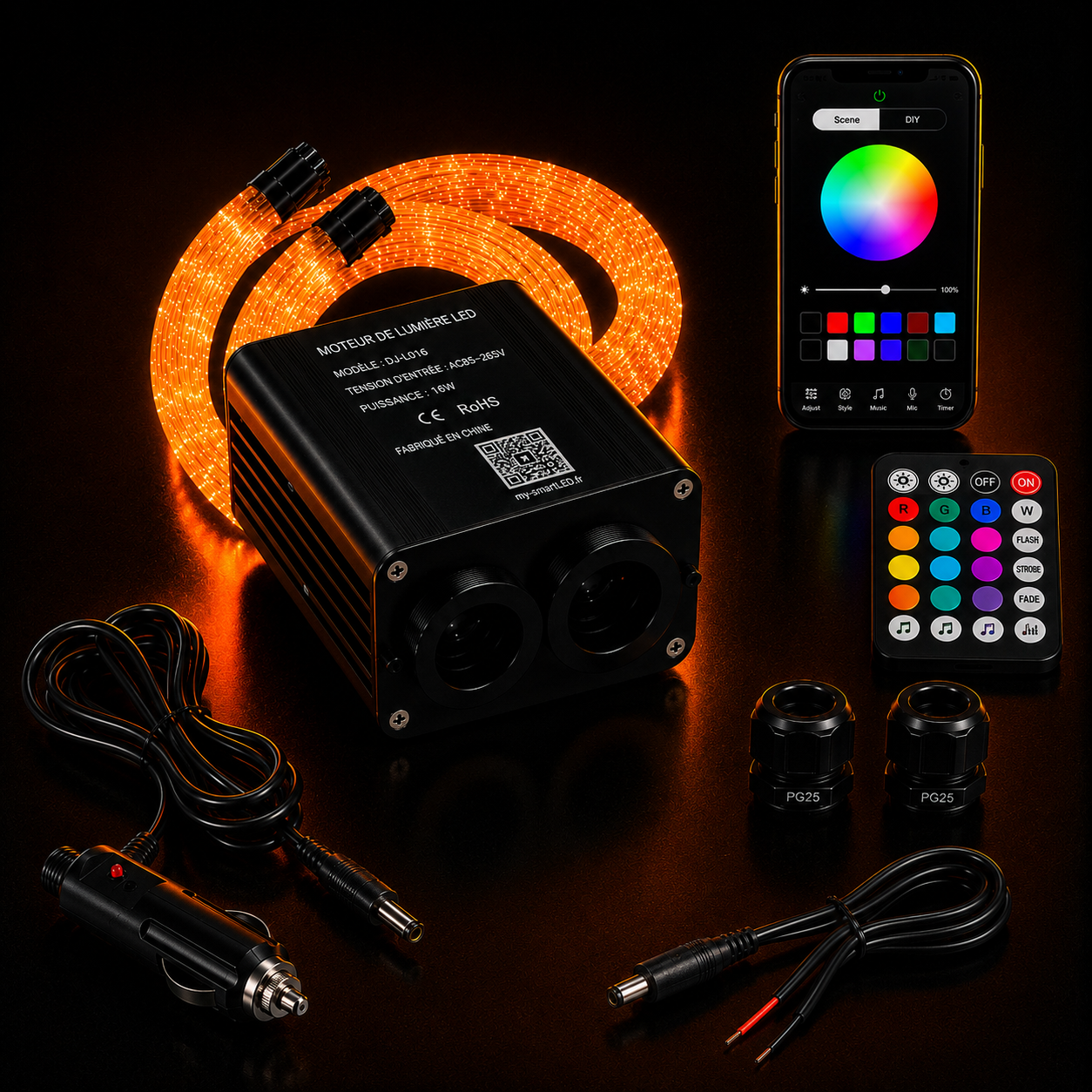 Kit Ciel Étoilé Bicolore – Moteur LED Double Sortie RGBW + 2 Rouleaux de Fibres Optiques